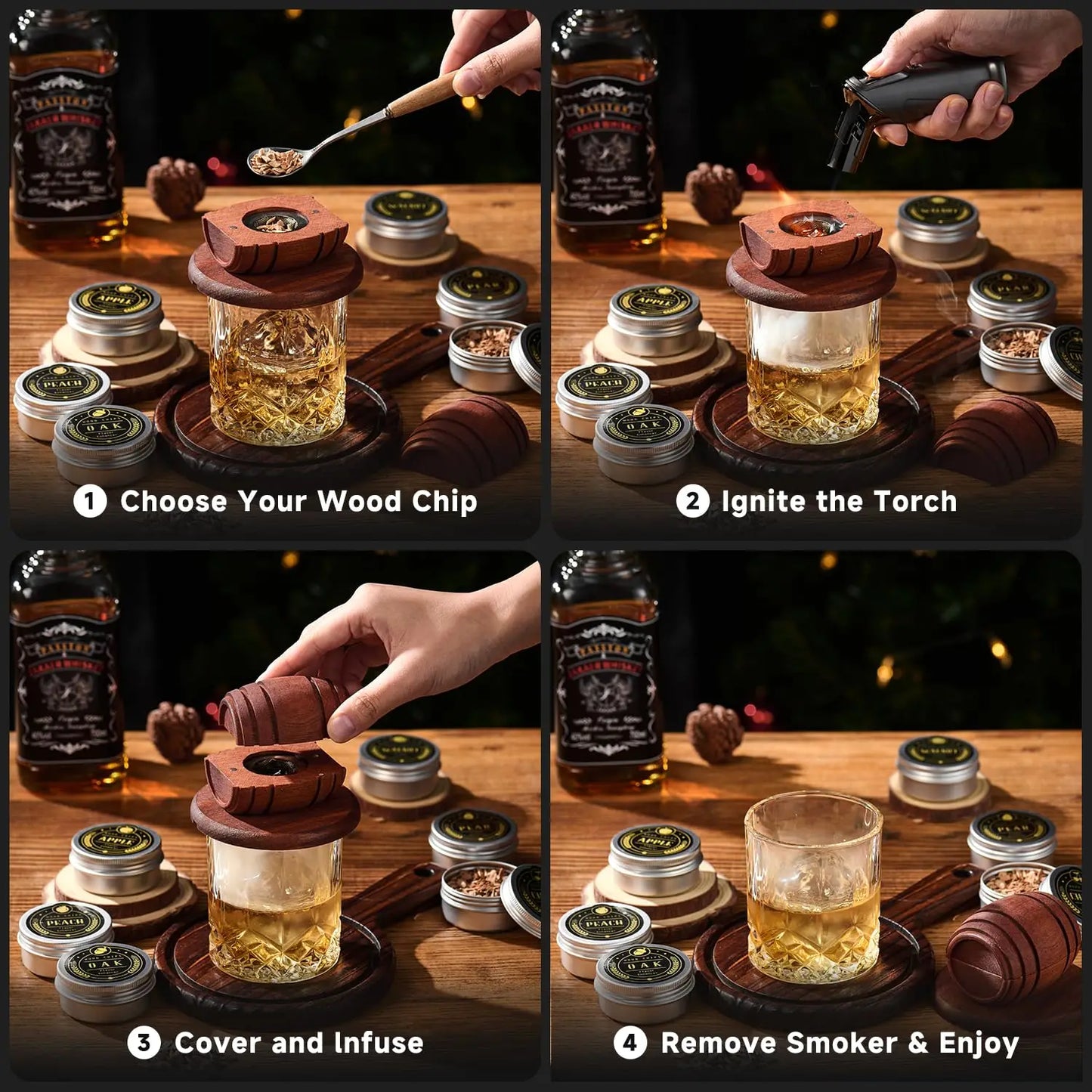 Big cocktail smoker set - Hållaren formad som en whiskytunna med 6 olika smaker med tillbehör