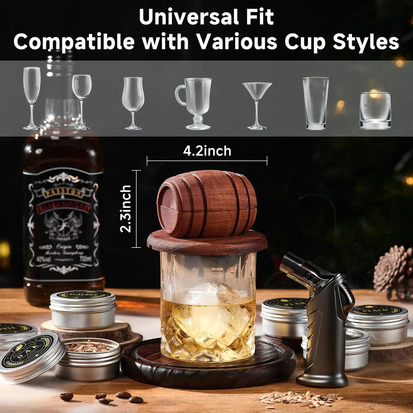 Big cocktail smoker set - Hållaren formad som en whiskytunna med 6 olika smaker med tillbehör